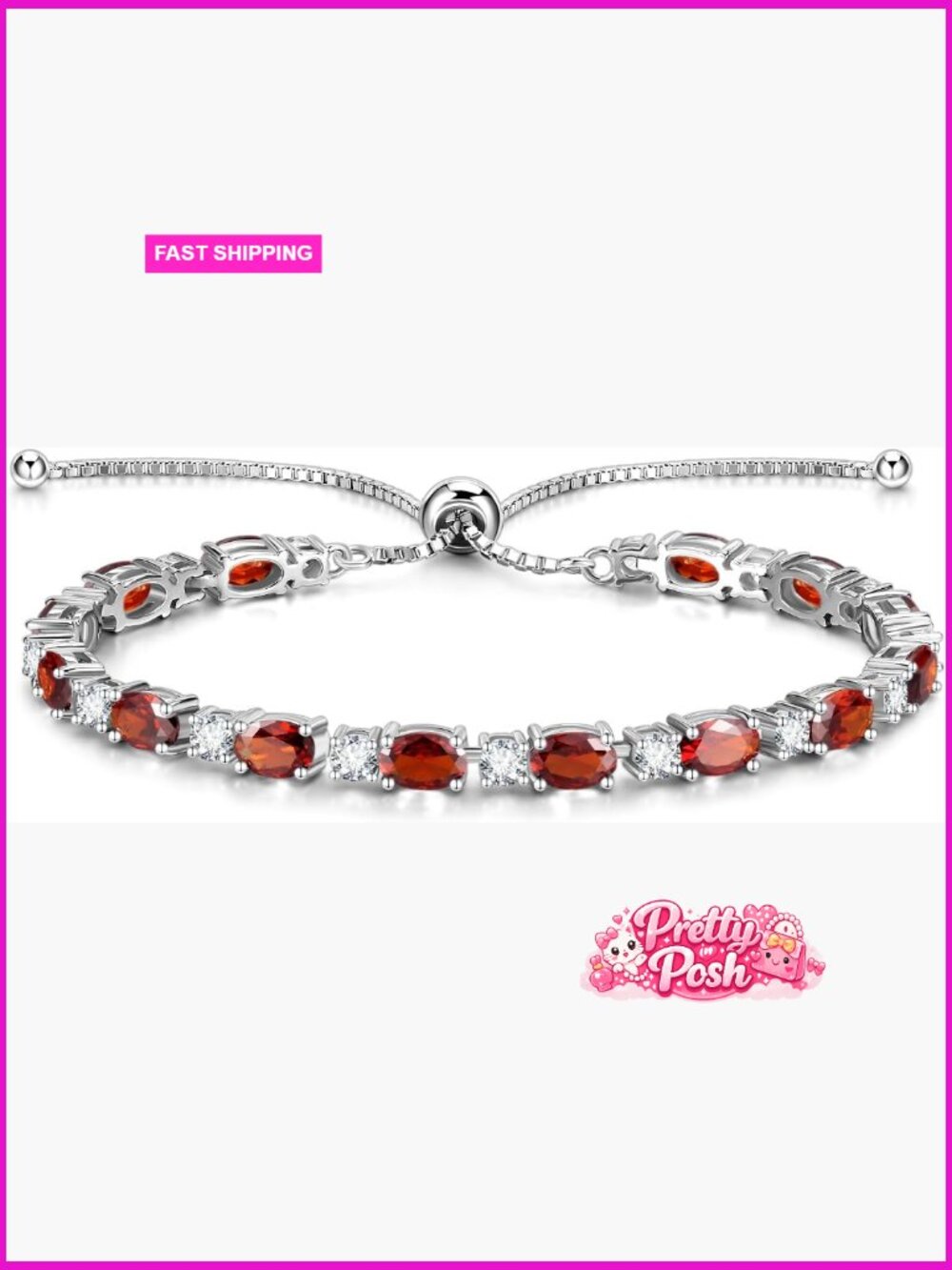 Sterling Silver Bolo Tennis Bracelet Adjustable Birthstone Garnet Fine Jewelry